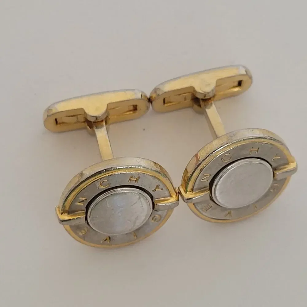 Givenchy Cufflinks Set Gold Silver Tone Logo Vintage Round Buttons Retro Whale